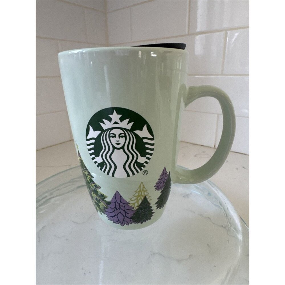 Starbucks Christmas Coffee Mug 2020 Light Mint Green w/ Trees 12oz. PreOwned